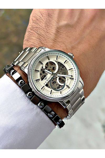 FERRO Silver Color Automatic Business Steel Band Men's Wrist Watch + Bracelet
