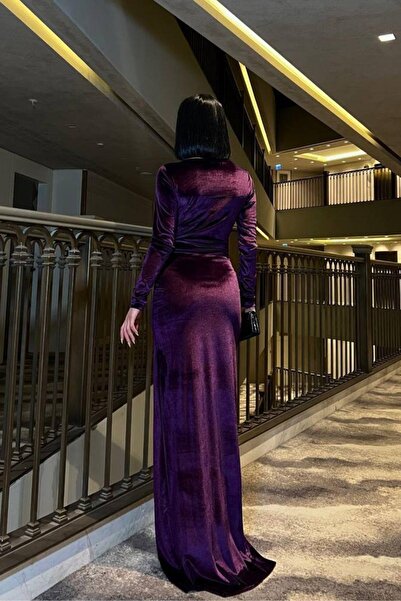 Mossta Sweetheart Neckline Smocked Fish Model Velvet Long Evening Dress Purple