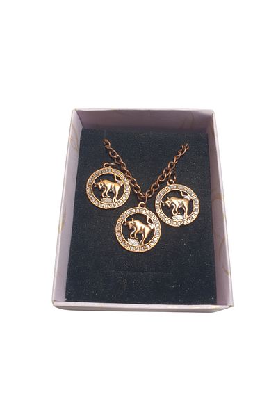 Ororabutik Copper Color 22mm Taurus Figured Necklace and Earring Set