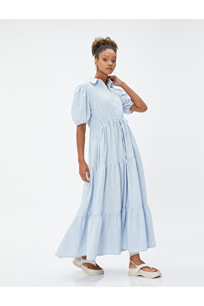 Koton Φόρεμα μακρύ πουκάμισο με μπαλόνι μανίκια με κουμπιά στη μέση δεμένο