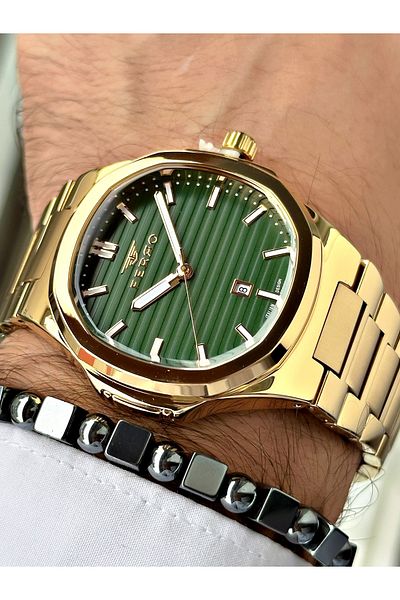 FERRO Gold Color Square Stylish Model Classic Men's Wrist Watch + Bracelet