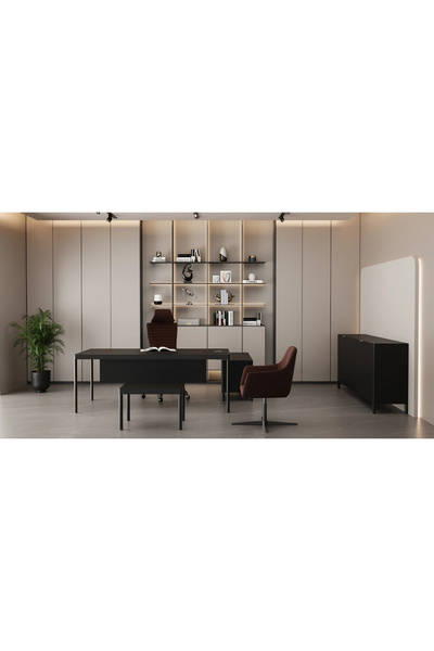 Çağın Ofis Mobilyaları LESS 180 CM TEKLİ ETAJERLİ SİYAH YÖNETİCİ ÇALIŞMA OFİS MASA TAKIM