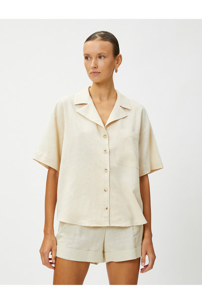 Koton Lněná košile s krátkým rukávem, klasický límec