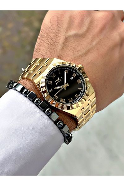 FERRO Gold Color Roman Numeral Classic Men's Wrist Watch + Bracelet with Gift