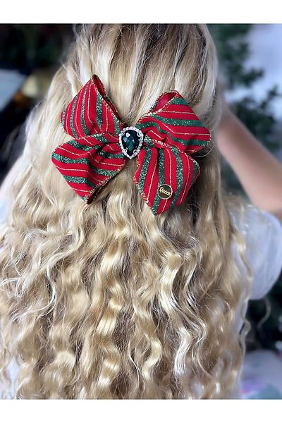 QUEEN AKSESUAR Custom Design - Red Green Velvet Automatic Bow with French Ribbon, Large Silvery and Crystal Stones