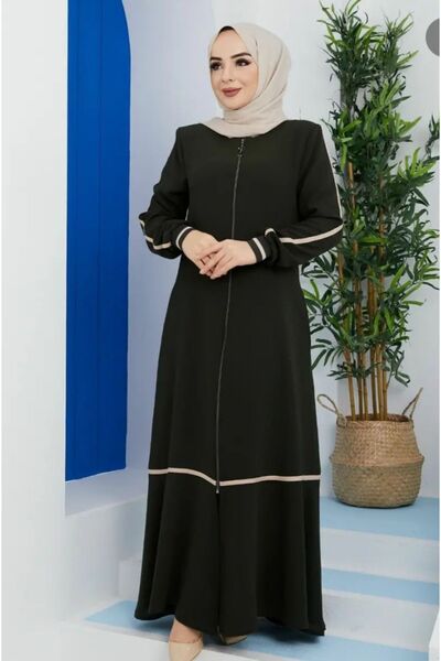 MODA ESRE FASHION TESETTÜR GİYİM MEDİNE İPEĞİ FERACE KREM RENGİ ŞERİTLİ KOL RİBANALI