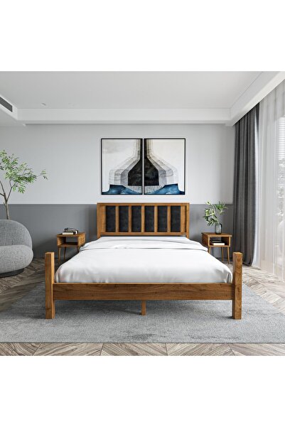 renazzo mobilya ORİON SİYAH PUFLU MASİF ÇAM AHŞAP KARYOLA CEVİZ RENK (120X200)
