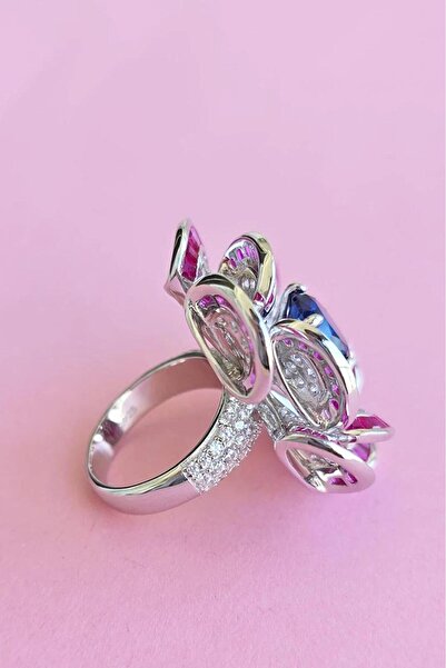 MorMajor Silver İTHAL BAGET SAFİR FUŞYA ÇİÇEKLİ GÜMÜŞ YÜZÜK