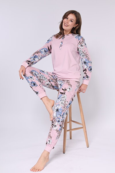 Mio Vero Flower Printed - Buttoned Buttoned Collar - Long Sleeve - Women's Pjamas Suit