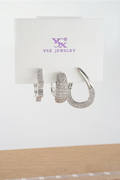 By Zeyna Aksesuar Kadın Vip Seri  Antialerjik Baget Zirkon Taşlı  3'lü Küpe