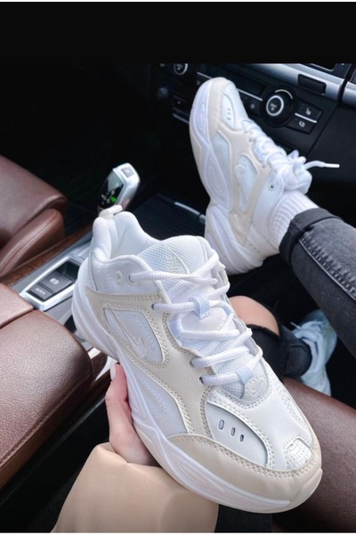 Nike M2k Tekno Leather Unisex Sneaker Hakiki Deri Spor Ayakkabı Kırık Beyaz Yükseklik 4cm