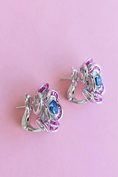 MorMajor Silver İTHAL BAGET SAFİR FUŞYA ÇİÇEKLİ GÜMÜŞ KÜPE