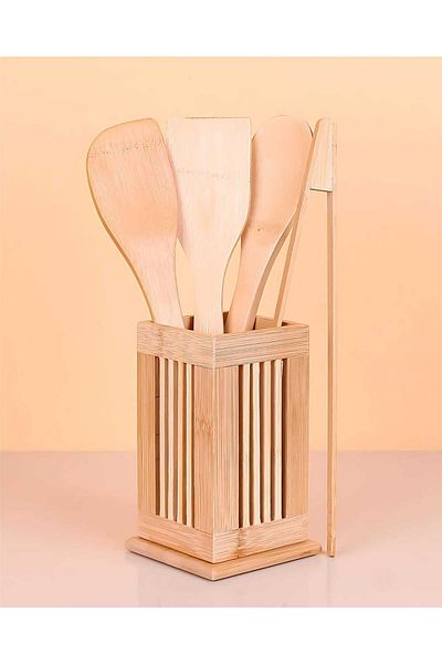 MEHAY HOME Luxurious Bamboo 5-Piece Bamboo Cutlery Set - Spatula-Toupee-Side Spatula-Countertop