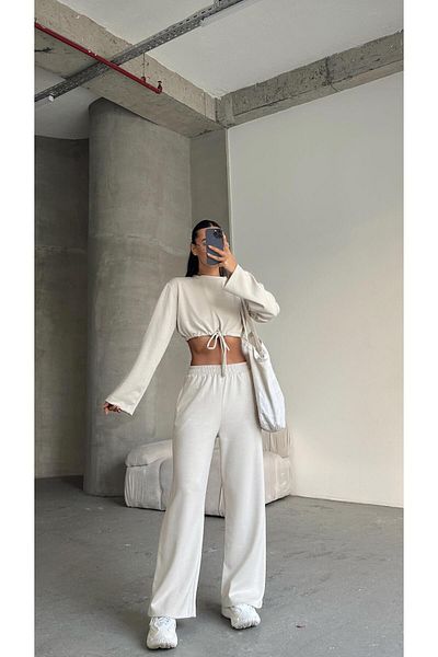 mydukkan.co Stone Colored Lace Detailed Double Tracksuit Set