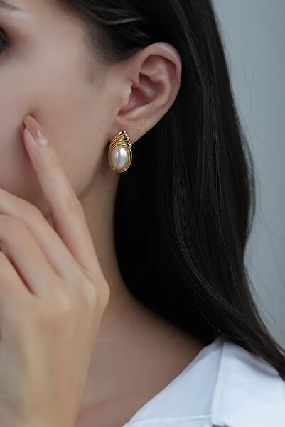 Glaren Vintage Oval İncili Altın Renk Kadın Küpe