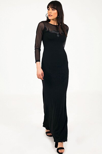 Qlees Kadın Siyah Yuvarlak Yaka Şık Tül Dekolteli Uzun Günlük Abiye Elbise