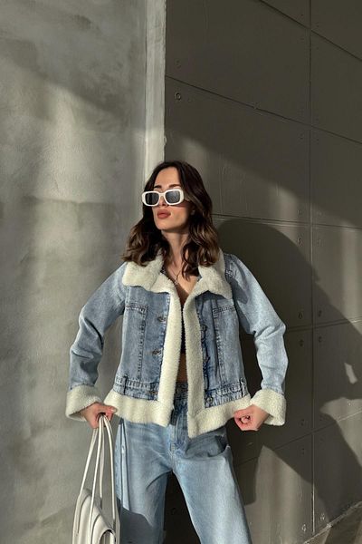 DAMGA JEANS Jachetă de iarnă oversize de damă, cu model de pluș, din denim albastru, cu buzunare