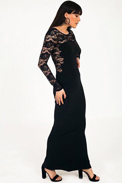 Qlees Kadın Siyah Yuvarlak Yaka Sırt Dekolteli Tül Süslemeli Şık Uzun Kına Elbise