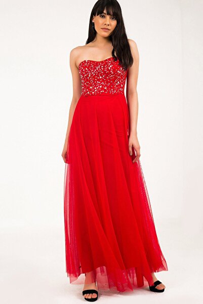 Qlees Kalp Yaka Taş İşlemeli Tül Etekli Straplez Uzun Mezuniyet Söz Nişan Düğün Abiye Elbise