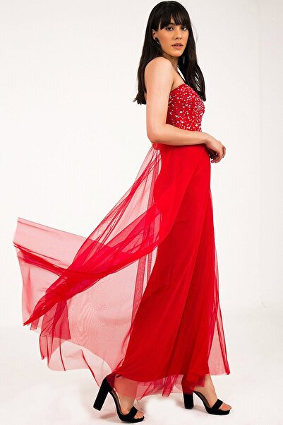 Qlees Kalp Yaka Taş İşlemeli Tül Etekli Straplez Uzun Mezuniyet Söz Nişan Düğün Abiye Elbise