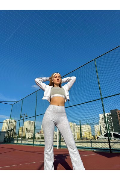 imrayboutique Kadın Gri Beli Fitilli Ispanyol Paça Pantolon