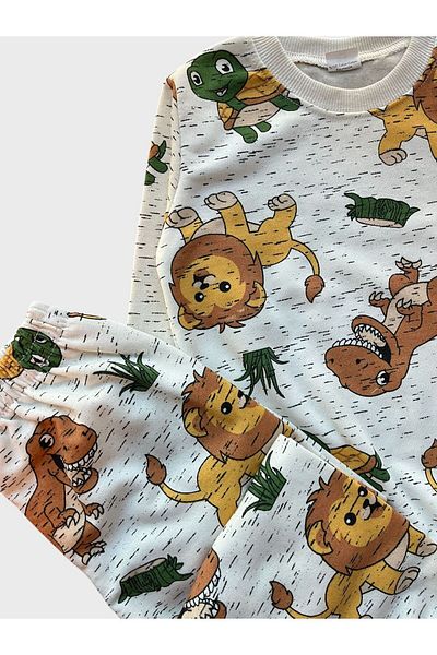 ALİŞ KİDS Boy's Cotton Raised White Safari Print Long Sleeve Winter Pajamas Set
