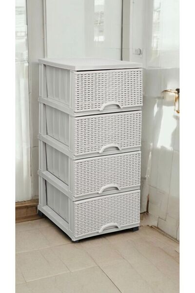 LeesHome Büyük Boy Hasır Açık Gri Kapaklı 4 Plastik 4 Çekmeceli Komidin Sebzelik Şifonyer