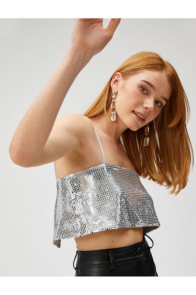 Koton Bustier mit Pailletten und Schlitzdetail am quadratischen Kragen