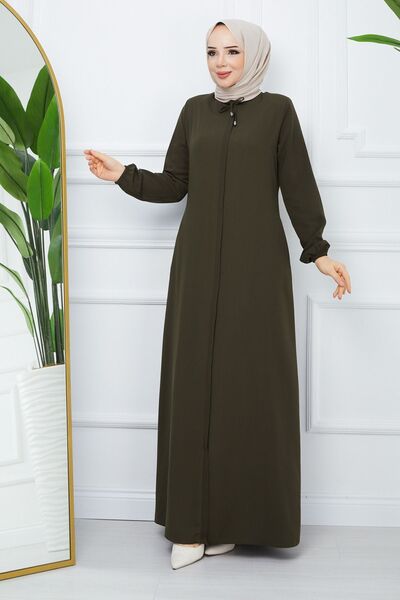 MODA ESRE FASHION Hijab Clothing Crepe Fabric Ferace Collar Lace-up Khaki Green