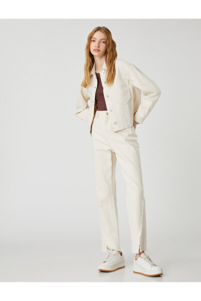 Koton Jachetă din denim crop cu buzunar, guler cămașă, mânecă lungă