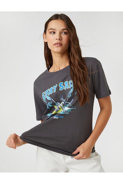 Koton Short Sleeve T-Shirt Slogan Printed Crew Neck