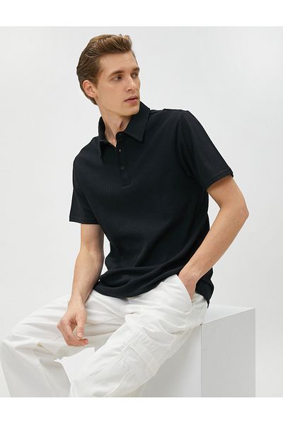 Koton Polo Neck T-Shirt Textured Buttons Slim Fit Short Sleeves