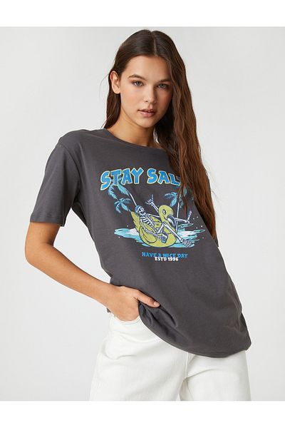Koton Short Sleeve T-Shirt Slogan Printed Crew Neck