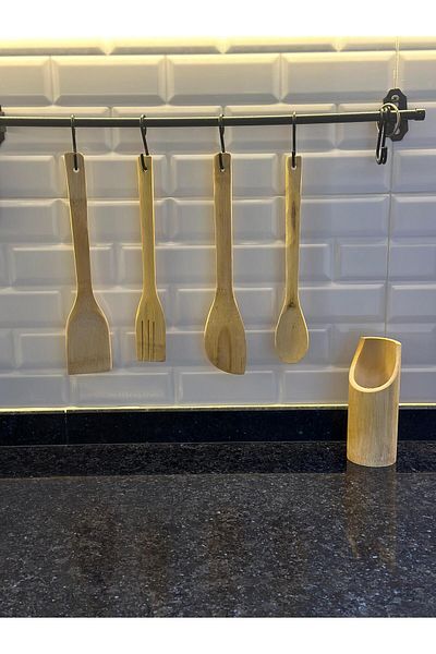 VİGENTİNO Bamboo Spoon Set 5 Pieces | Bamboo Serving Set with 5 Stands