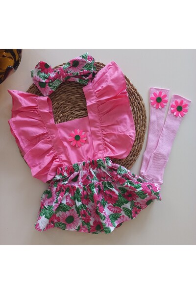 MARS BABY Kız Bebek Pembe Ayçiçeği Desenli Fırfırlı Salopet Bandana Figürlü Ç...