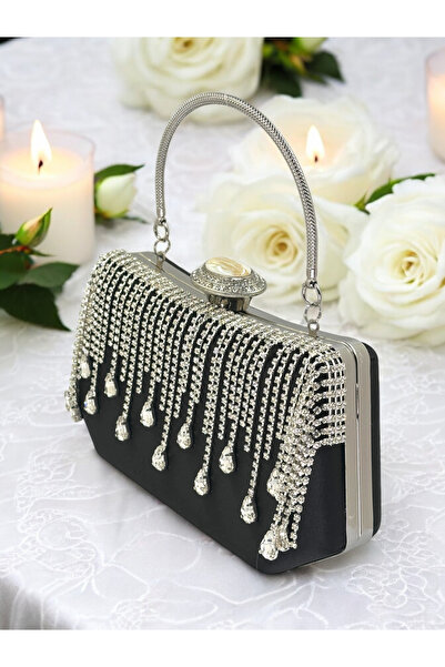 Biçanta Χειροποίητη Μαύρη Σατέν Κρυστάλλινη Πέτρα Βραδινή Τσάντα Φόρεμα