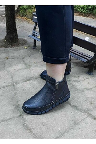 BUSENİNSHOES Hakiki Deri Çift Fermuarlı Kadın Anne Botu Rahat Ayakkabı