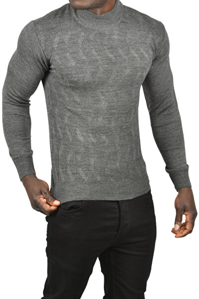 DeepSEA Men's Anthracite Slim Fit Half Turtleneck Patterned Knitwear Half Throat Sweater 2505505