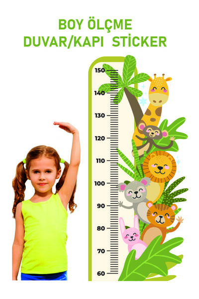 Home Safari Temalı Boy Ölçme Cetveli Sevimli Hayvanlar Çocuk Odası Sticker