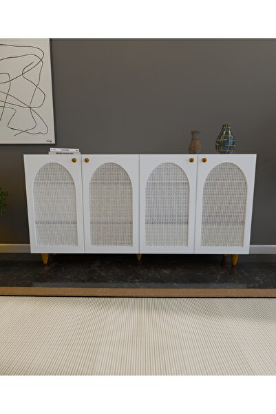 lazzir handle MDF Bohem Konsol-Beyaz Hazeranlı rattan 4 kapaklı Yaşam Ünitesi...