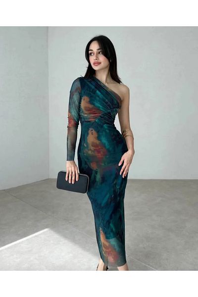 Afiş Butik Πράσινο ντραπέ φόρεμα με ένα μανίκι