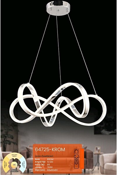 HMS TİCARET 64725-KROM KUMANDALI DİMLİ ÜÇ 3 IŞIK RENKLİ LED AVİZE LED TAVAN L...