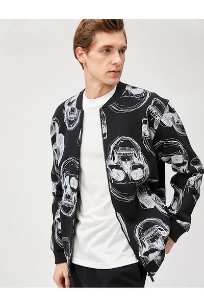 Koton Bomber Jacket Skull Printed Zipper Pocket Λεπτομέρειες