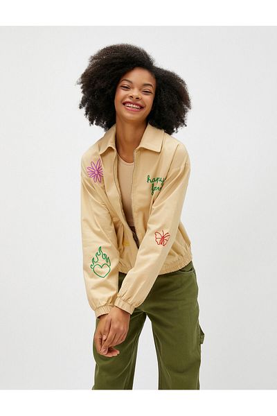Koton Bomber Jacket με φερμουάρ σλόγκαν Κεντημένη τσέπη με λεπτομέρειες από βαμβάκι