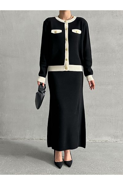 Lusin Women's Black Stylish Pocket Detailed Cardigan Skirt Bottom Top Double Knitwear Set
