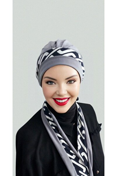 Polikromi Women's Gray Color Patterned Band Patterned Scarf Bonnet Hijab Scar...
