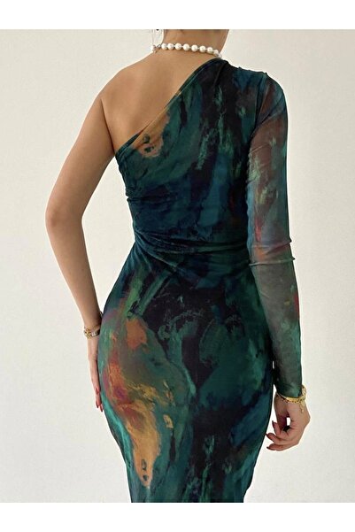 Afiş Butik Yeşil Tek Kol Drapeli Elbise
