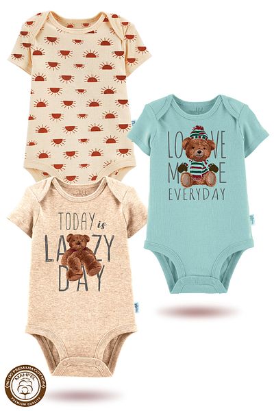 MAHFEL 100% Cotton 3-Piece Organic Printed Snap Fastener Baby Bodysuit