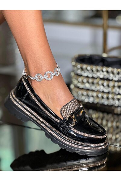 Giydim Gidiyor Lessy Kristal Taşlı Rugan Loafer Siyah