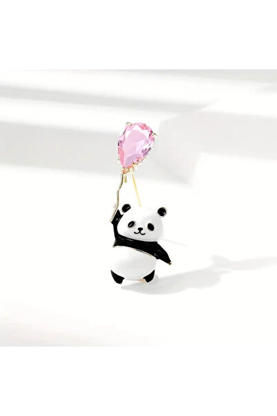 betbay Pembe Balonlu Panda Broş/Yaka İğnesi - Karton Takı Kutusunda